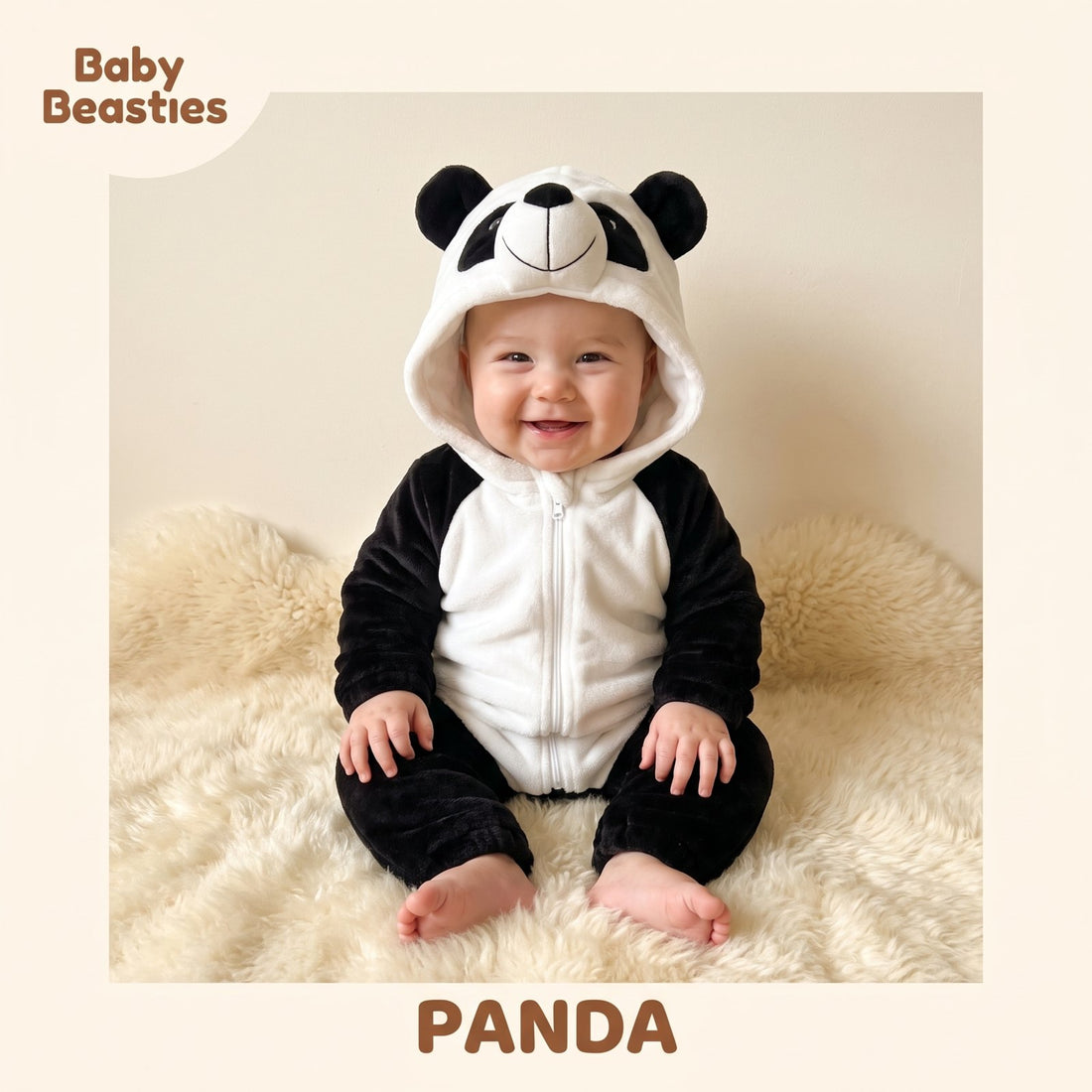 Baby Beasties Panda hooded romper worn by a baby
