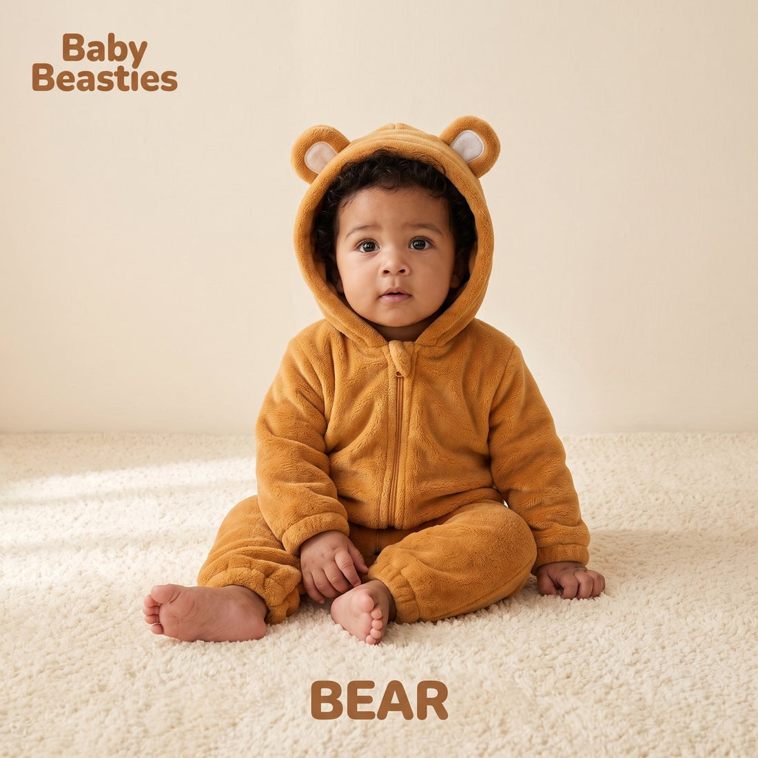 Baby Beasties Bear hooded romper worn by a baby