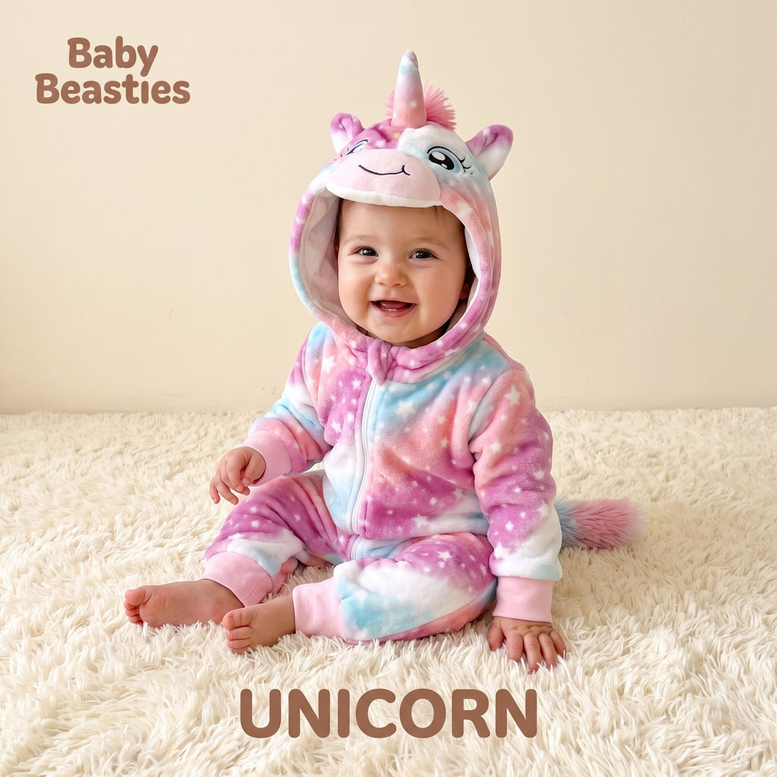 Baby Beasties Pink Unicorn hooded romper worn by a baby