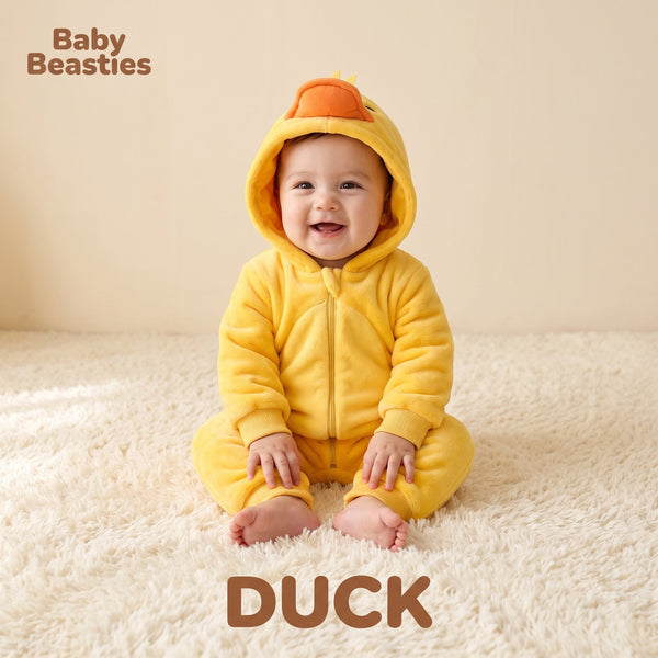 Baby Beasties Duck hooded romper worn by a baby