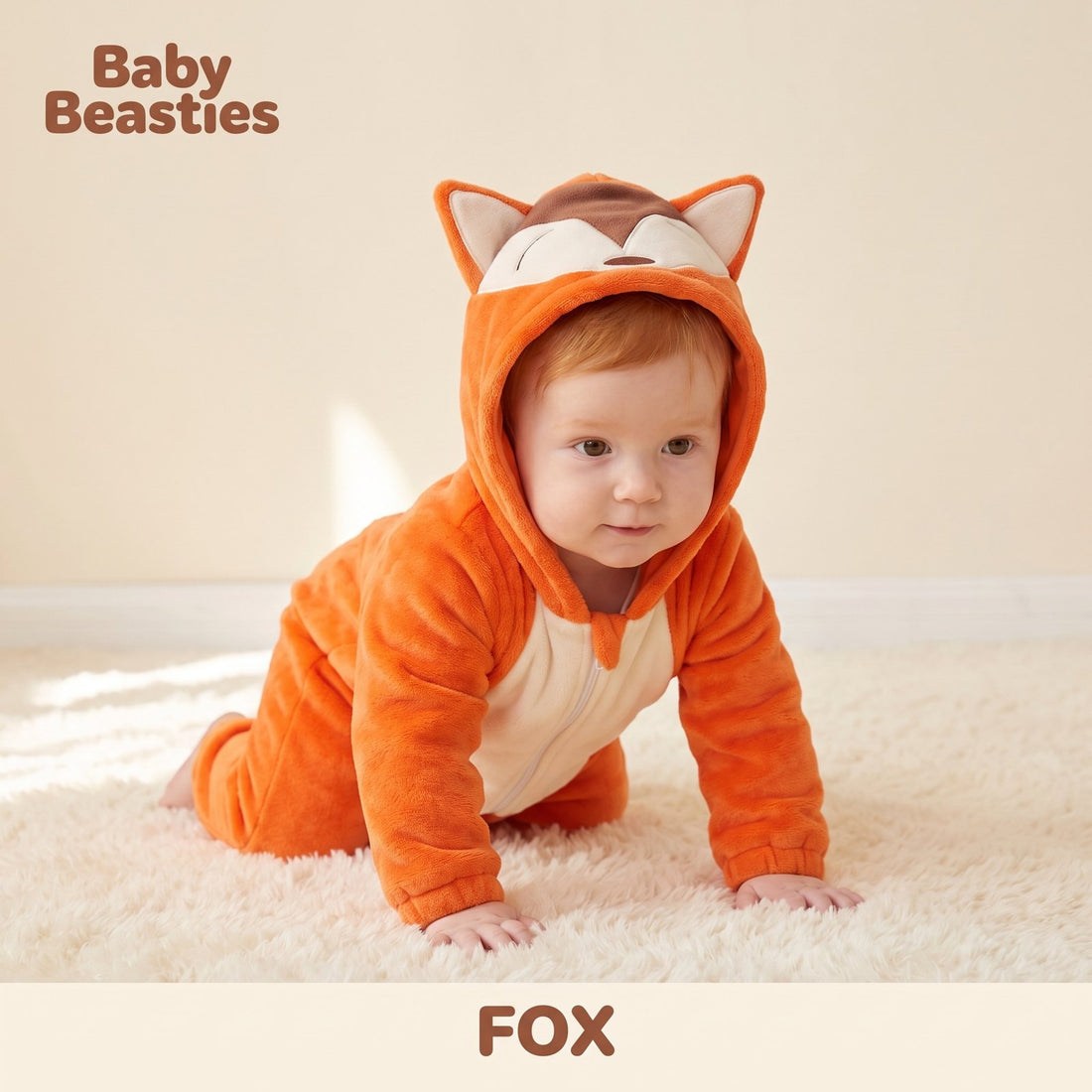 Baby Beasties Fox hooded romper worn by a baby