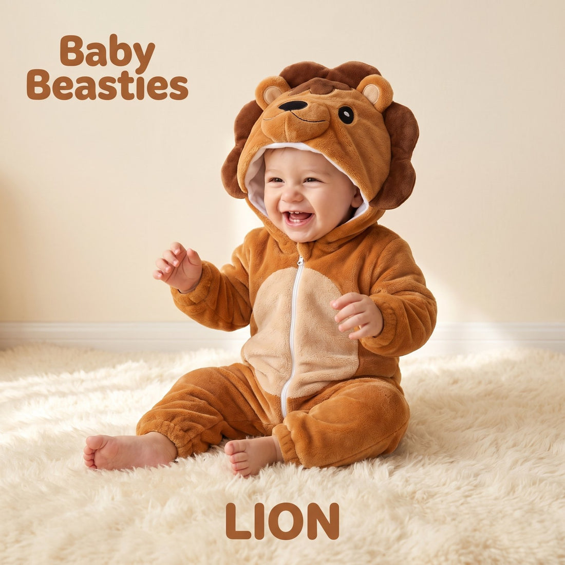 Baby Beasties Lion hooded romper worn by a baby