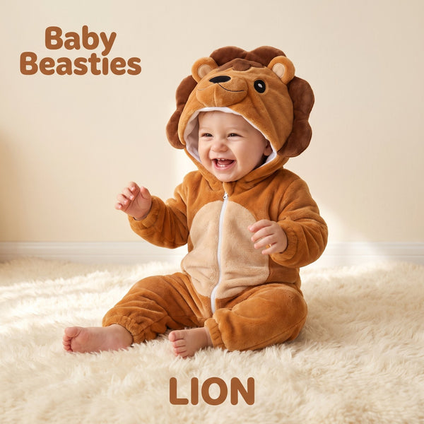 Baby Beasties Lion hooded romper worn by a baby
