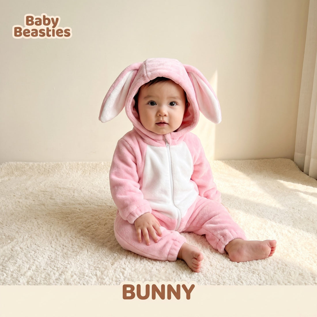Baby Beasties Pink Rabbit hooded romper worn by a baby