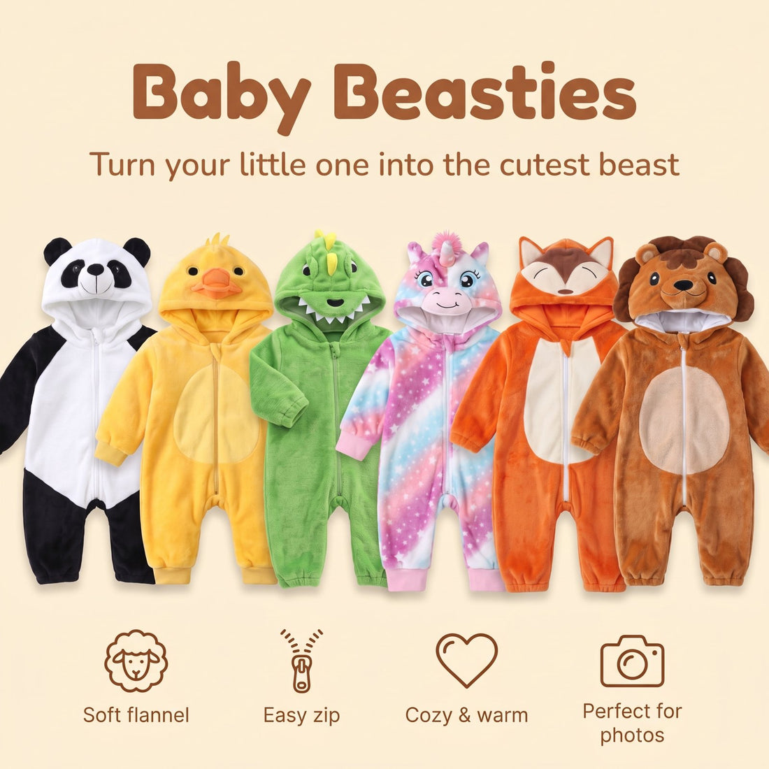 Baby Beasties hooded rompers lineup